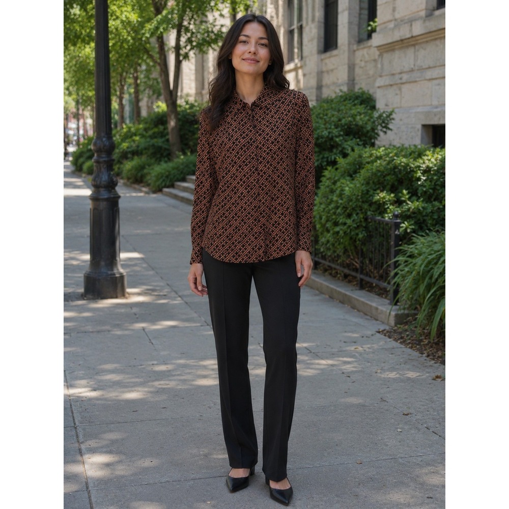 Trina Turk 100% Silk Long Sleeve Button Up Shirt Size M Brown Preppy Classic